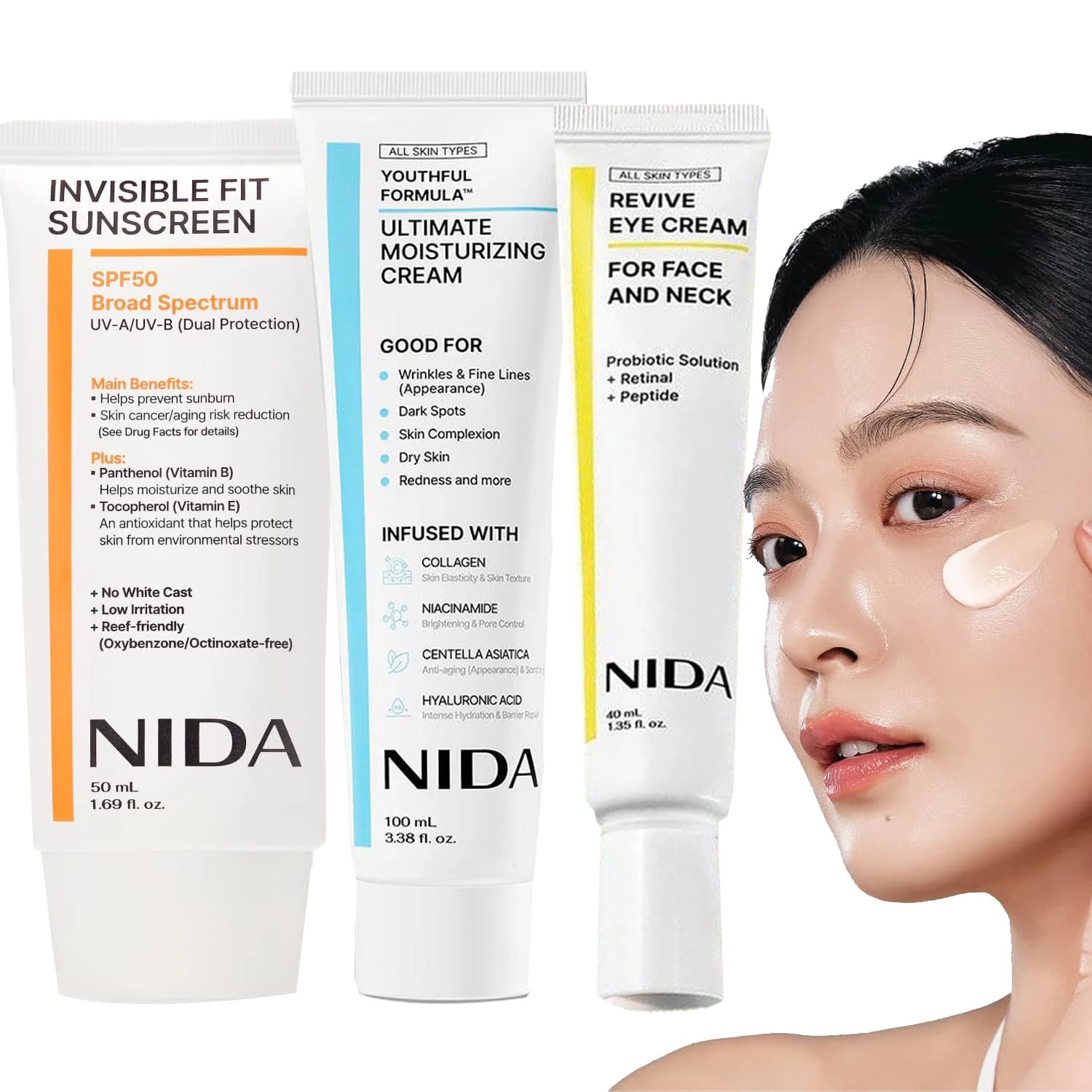 Crema Idratante NIDA + Crema Solare SPF 50, Crema Contorno Occhi con Centella e Peptidi Retinali, Acido Ialuronico e Collagene per Linee Sottili e Rughe