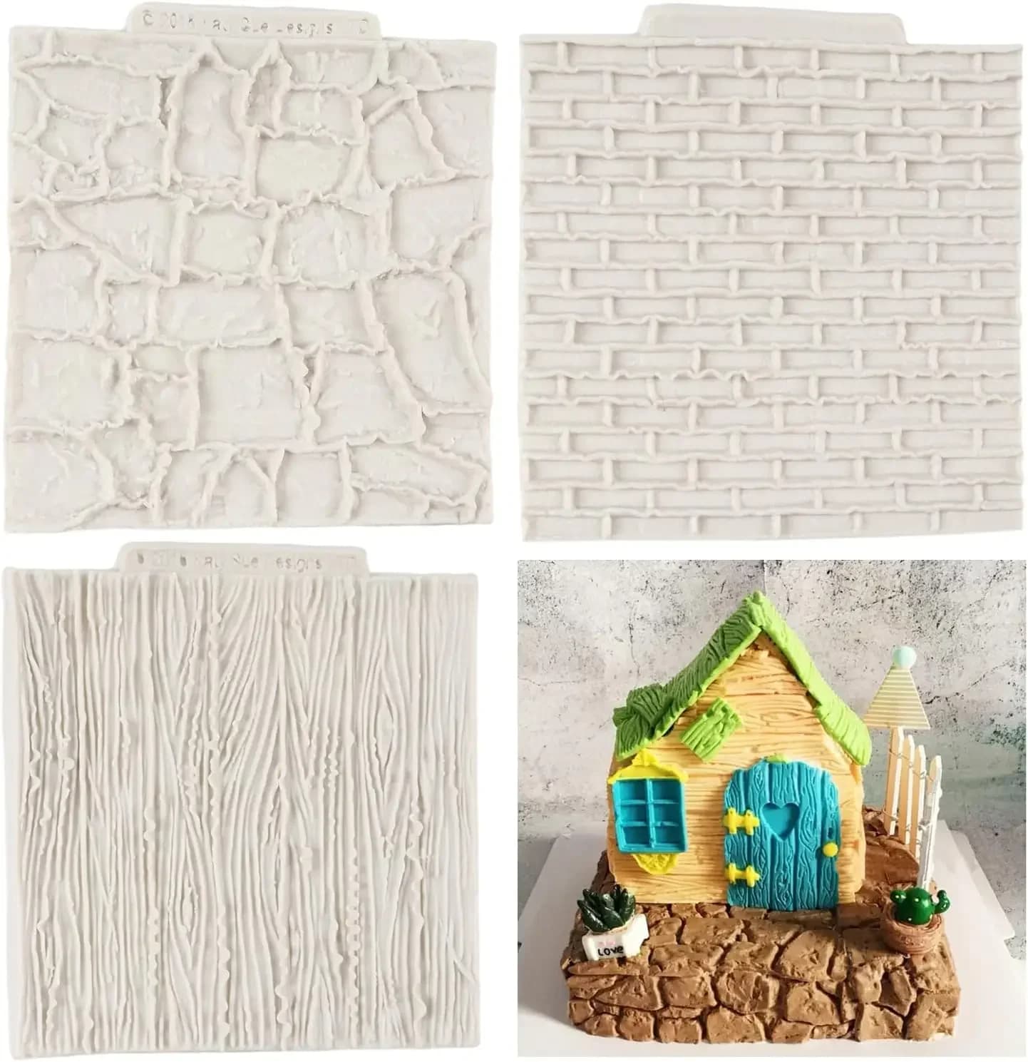 Stampi in silicone per fondente con struttura della parete di mattoni di roccia, venature del legno, corteccia di albero, tappetino per impronte in silicone, decorazione per torte, accessori per la cottura
