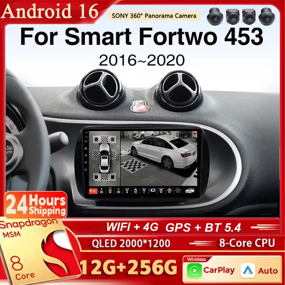 Autoradio Android 16 con Navigazione, Lettore Multimediale Stereo, Carplay e Auto per Mercedes Benz Smart Fortwo 453 2015 - 2020