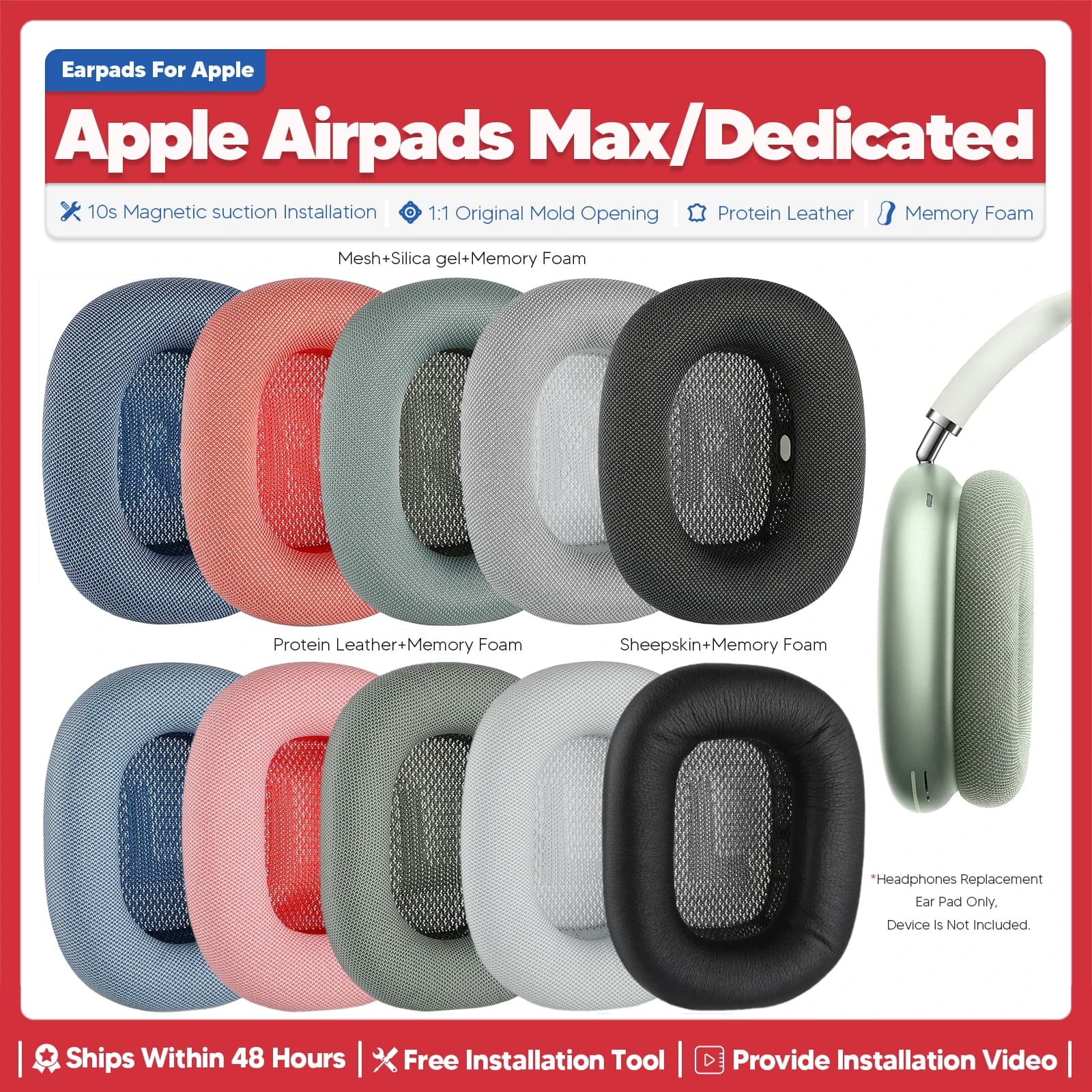 Cuscinetti auricolari di ricambio per Apple Airpods Max Accessori per cuffie wireless Cuscino auricolare Coppe auricolari in memory foam Parti di riparazione Memoria