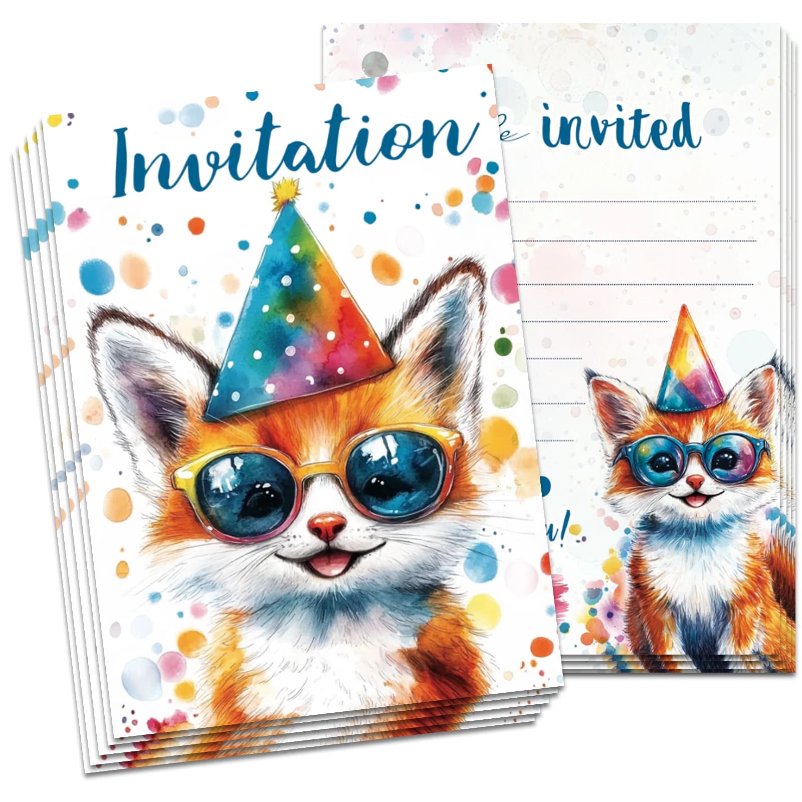 12pcs English Cute Kitten Birthday Invitation - Fun Watercolor Kitten Birthday Invitation, Watercolor Sunglasses Invitation, Bir