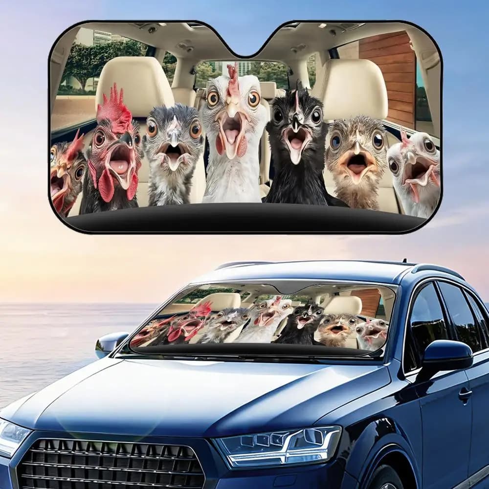 Parasole pieghevole per auto Driving Chickens, protezione UV, isolamento termico riflettente, copertura riutilizzabile