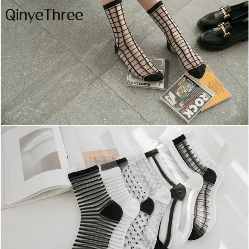 Fashion Girls' Sheer Mesh Plaid Glass Silk Ultra Thin Crystal Lace Striped Ankle Socks Dropship for Women