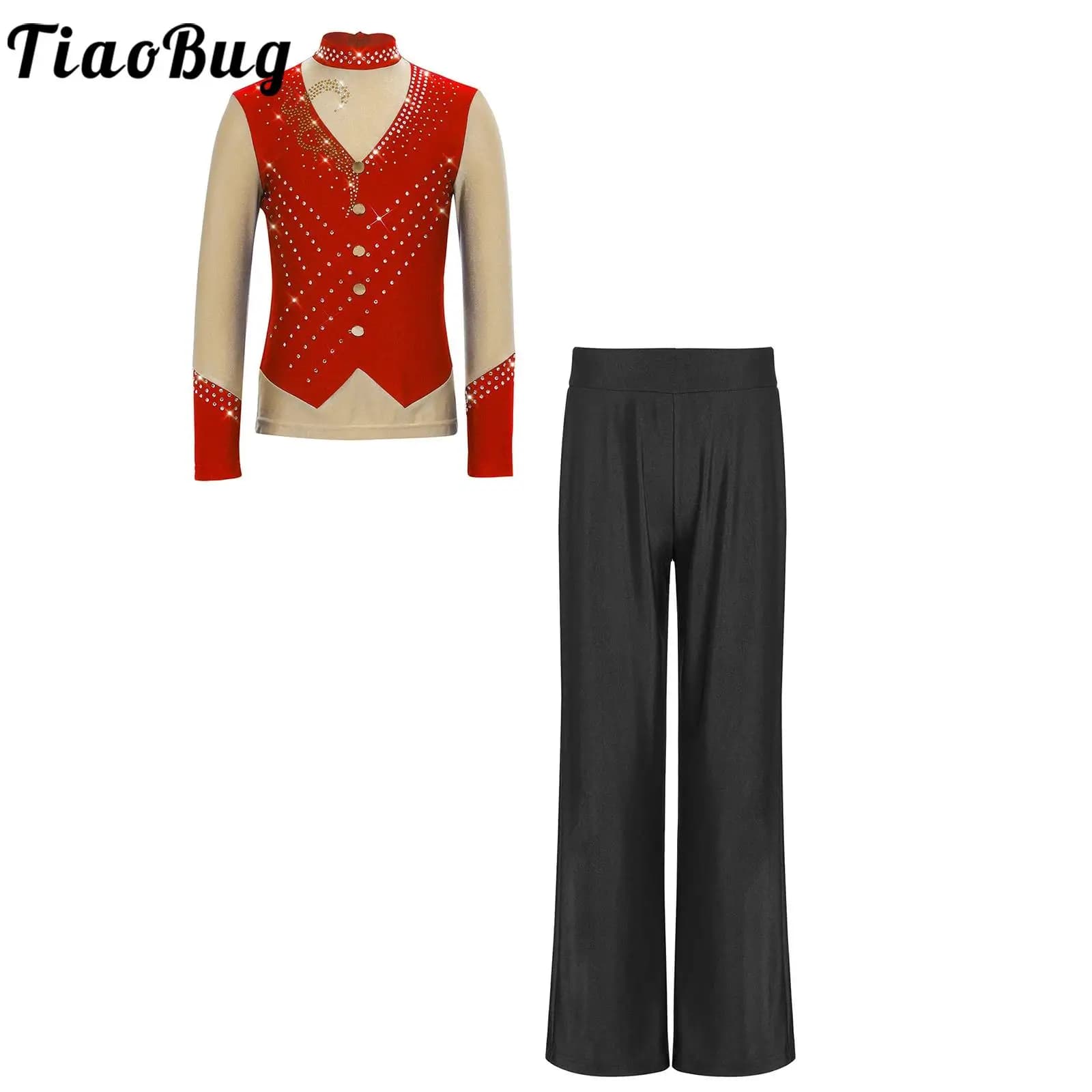 Costumi per Pattinaggio Artistico su Ghiaccio per Bambini e Bambine, Completo con Top a Maniche Lunghe con Cerniera e Pantaloni Decorati con Strass, Set Jazz