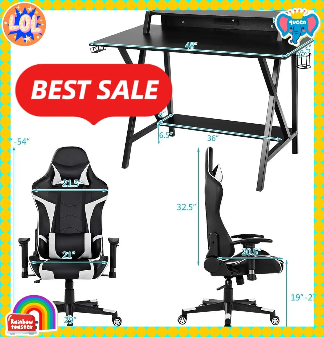 Set scrivania e sedia da gaming, scrivania ergonomica per e-sport e set sedia da gaming con portabicchieri, supporto per monitor, gancio per auricolari