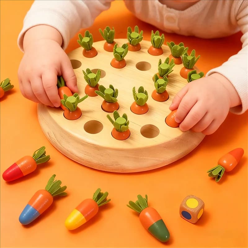 Gioco di scacchi a forma di carota con memoria in legno con tavolo da gioco colorato e puzzle. Giocattolo educativo Montessori per capacità cognitive lea
