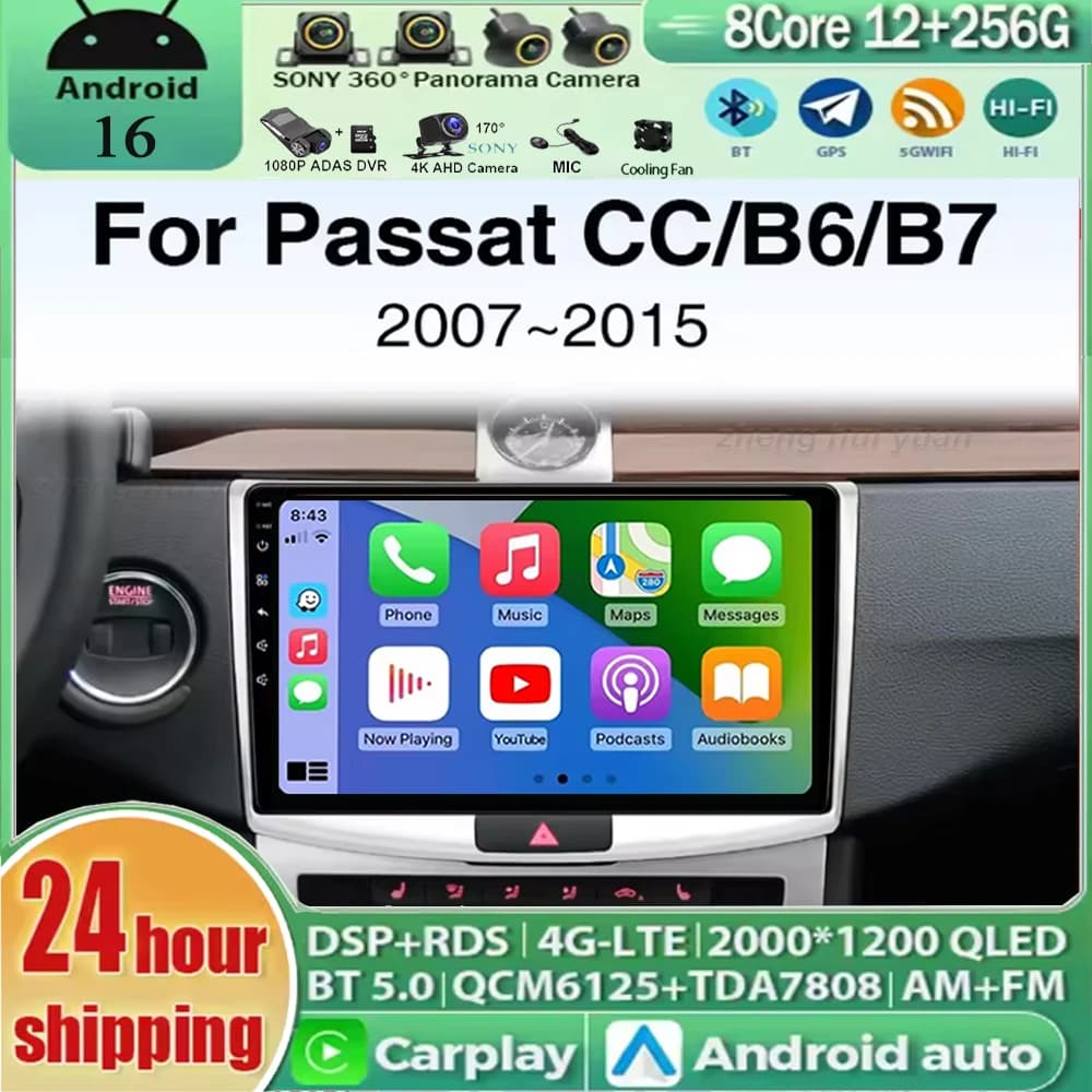 Autoradio Android 16 con CarPlay e Android Auto per Volkswagen VW Passat B7 B6 CC 2007 - 2015, Lettore Multimediale per Auto con GPS Wireless e WIFI