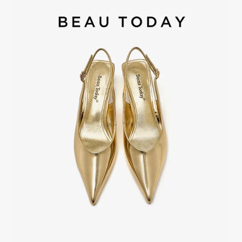 BEAUTODAY Stiletto Slingback Women Cow Leather Pointed Toe Buckle Strap Low Heel Ladies Party Shoes Handmade A31236