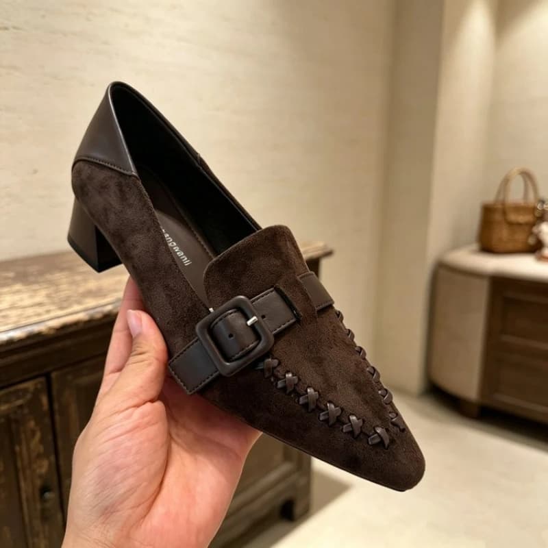 Pointed Toe Mid Heel Pumps Fashion Sewing Shallow Women Shoes Breathable Casual Slip-on Loafers Novelty Belt Buckle Ladies Shoes