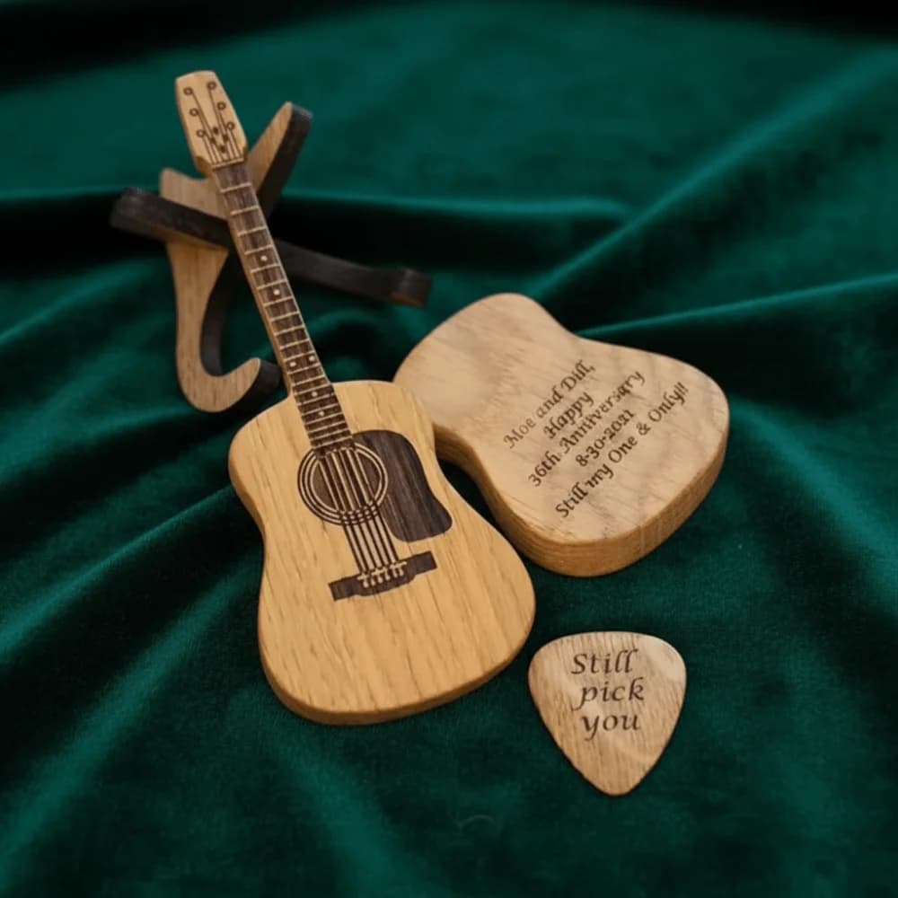 Scatola porta plettri per chitarra in legno, dimensioni portatili, accessorio per chitarra, porta plettri a forma di chitarra, mini design, porta plettri per chitarra