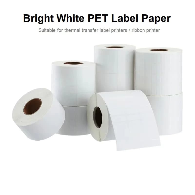 Carta per etichette autoadesiva in PET bianco brillante 50x30 Carta per etichette con codici a barre rivestita Etichetta per abbigliamento vuota Etichetta a trasferimento termico Fila singola