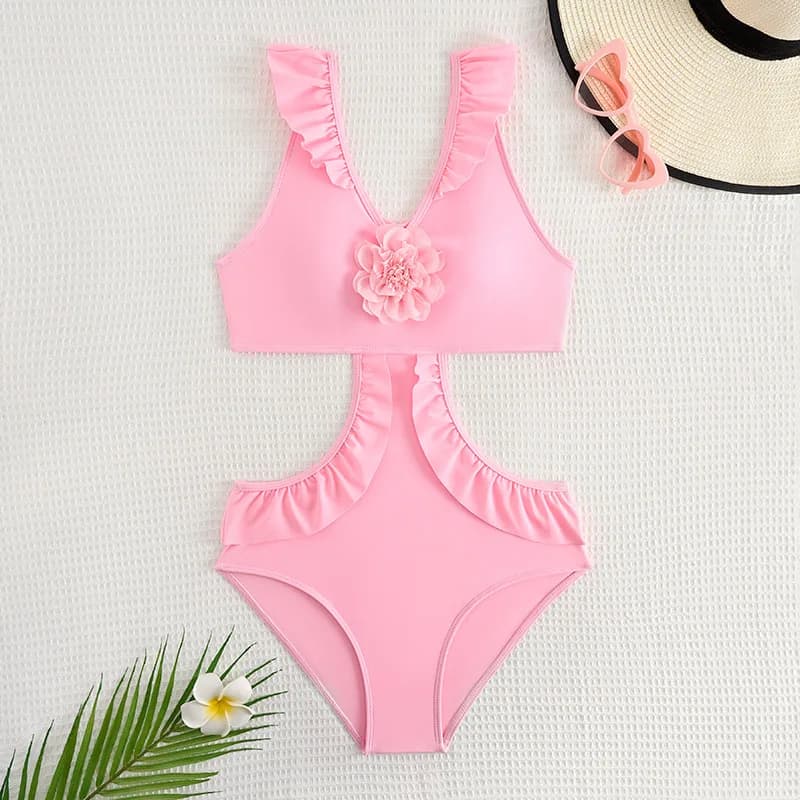 Full Pink Swimsuit with Volant for Girls 2026, 3D Floral Swimwear for Kids, Beach Summer Bath Clothing