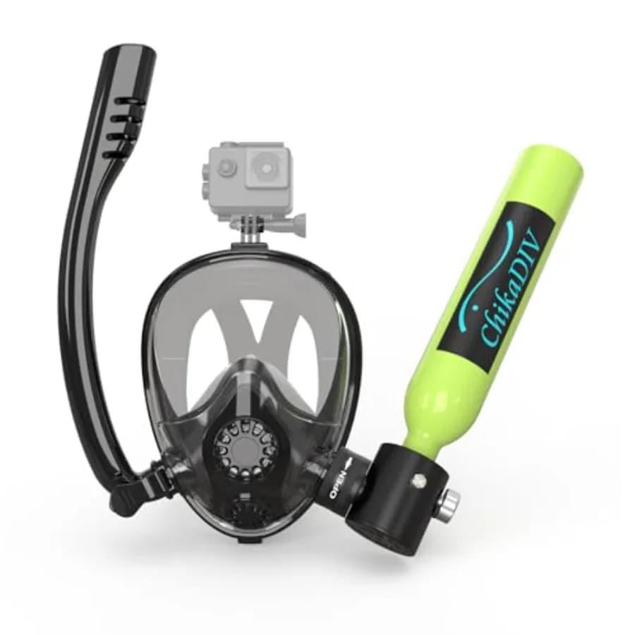Applicazione per snorkeling, lega di alluminio, nero opaco, mini bombola subacquea da 0,5 litri certificata DOT con maschera subacquea integrale.