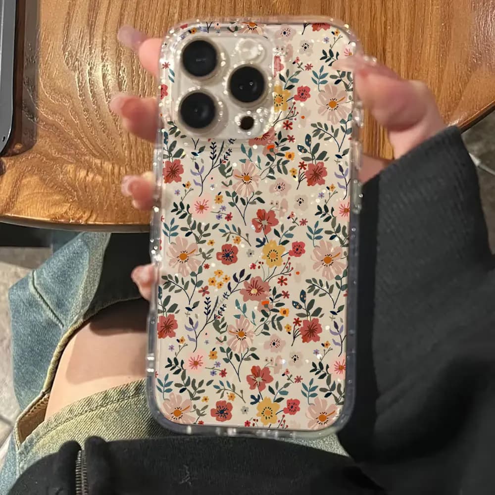 Watercolor Floral Bling Glitter Phone Case For iPhone 16 15 14 13 17 12 11 Pro Max 15 16 14 Plus 16E 17E 17 Air X XR XS Cover