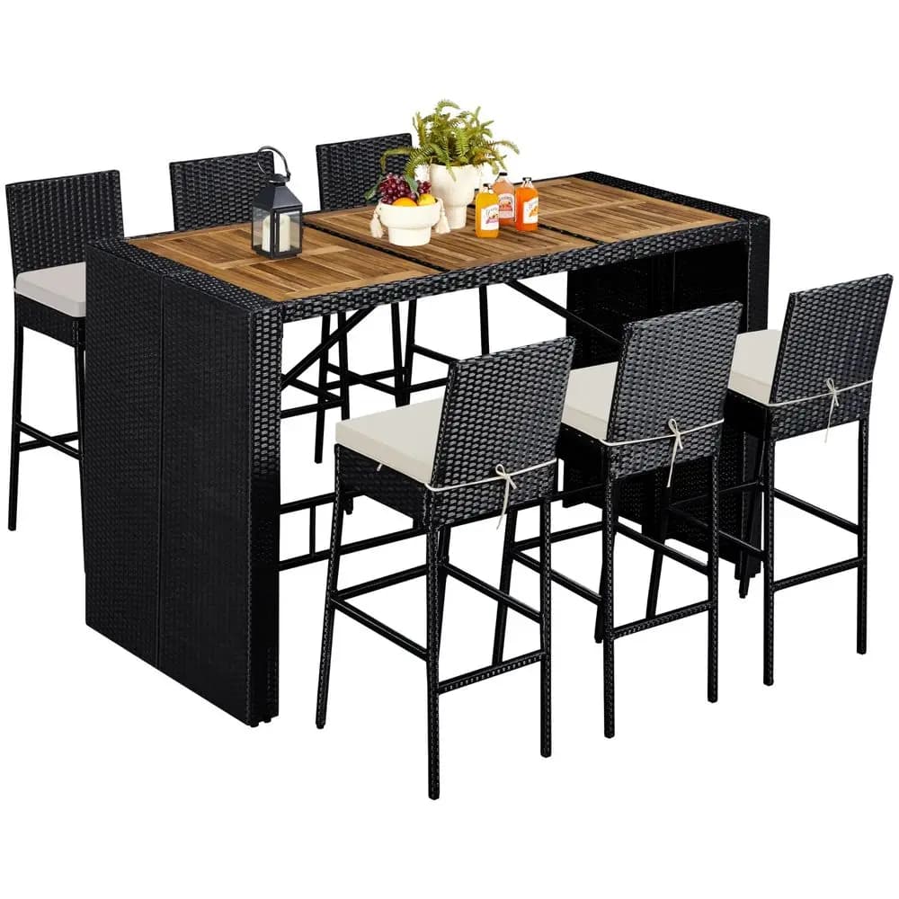 Set da pranzo da esterno a 7 pezzi in legno di acacia con tavolo e sedie da bar con cuscini rimovibili, set di mobili in vimini per terrazza e giardino