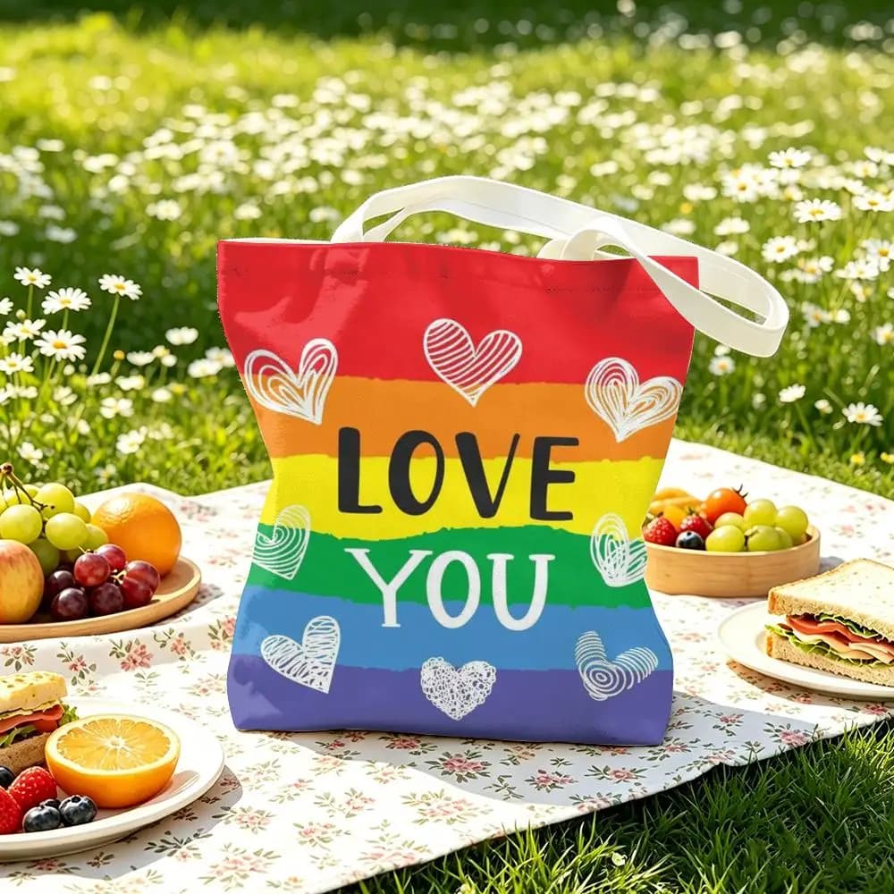 Borsa tote in tela con stampa fronte-retro a tema bandiera arcobaleno, resistente, da spalla, per spiaggia, picnic e uso quotidiano