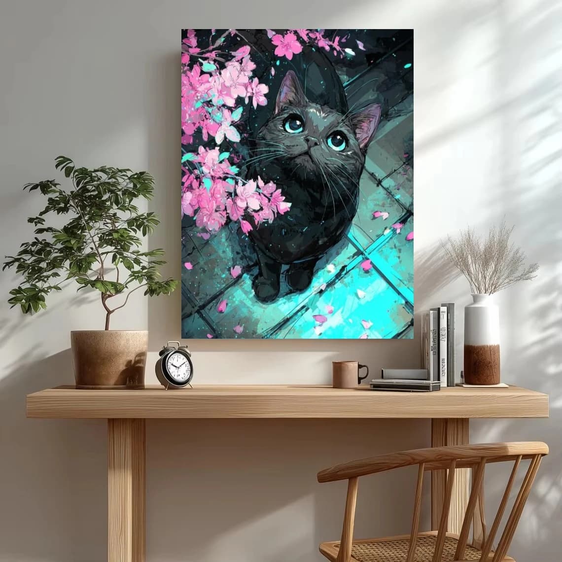 Oil Painting By Numbers Cute Black Cat Looking Up Sakura Flowers Wall Decor for Living Room Bedroom Home Decor Gift No Frame