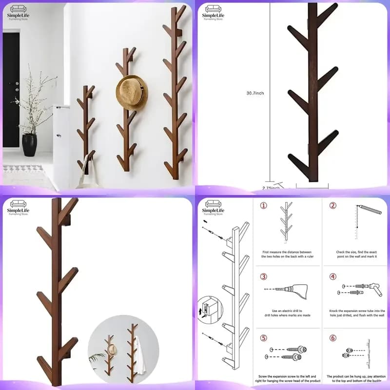 Wooden Wall Mounted Coat Rack Bamboo Hat Hooks Floating Shelf Display Hanger for Bedroom Entryway Hallway Clothes Organizer