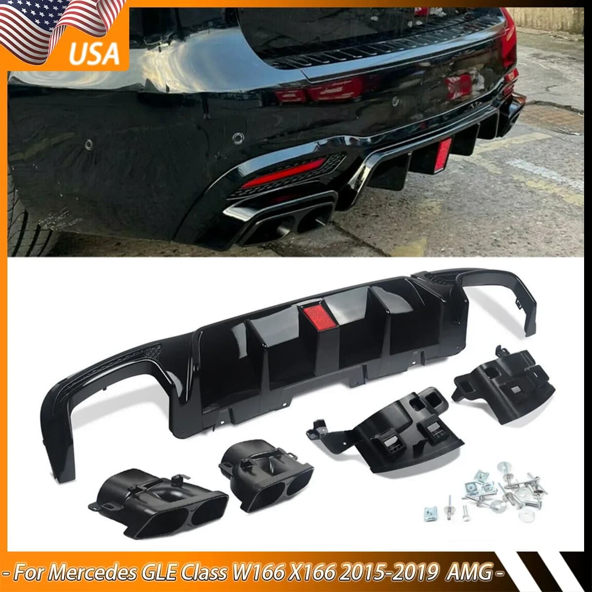 DIFFUSORE POSTERIORE NERO LUCIDO CON PUNTI NERO PER BENZ W166 X166 GLE400 GLE350 AMG ABS