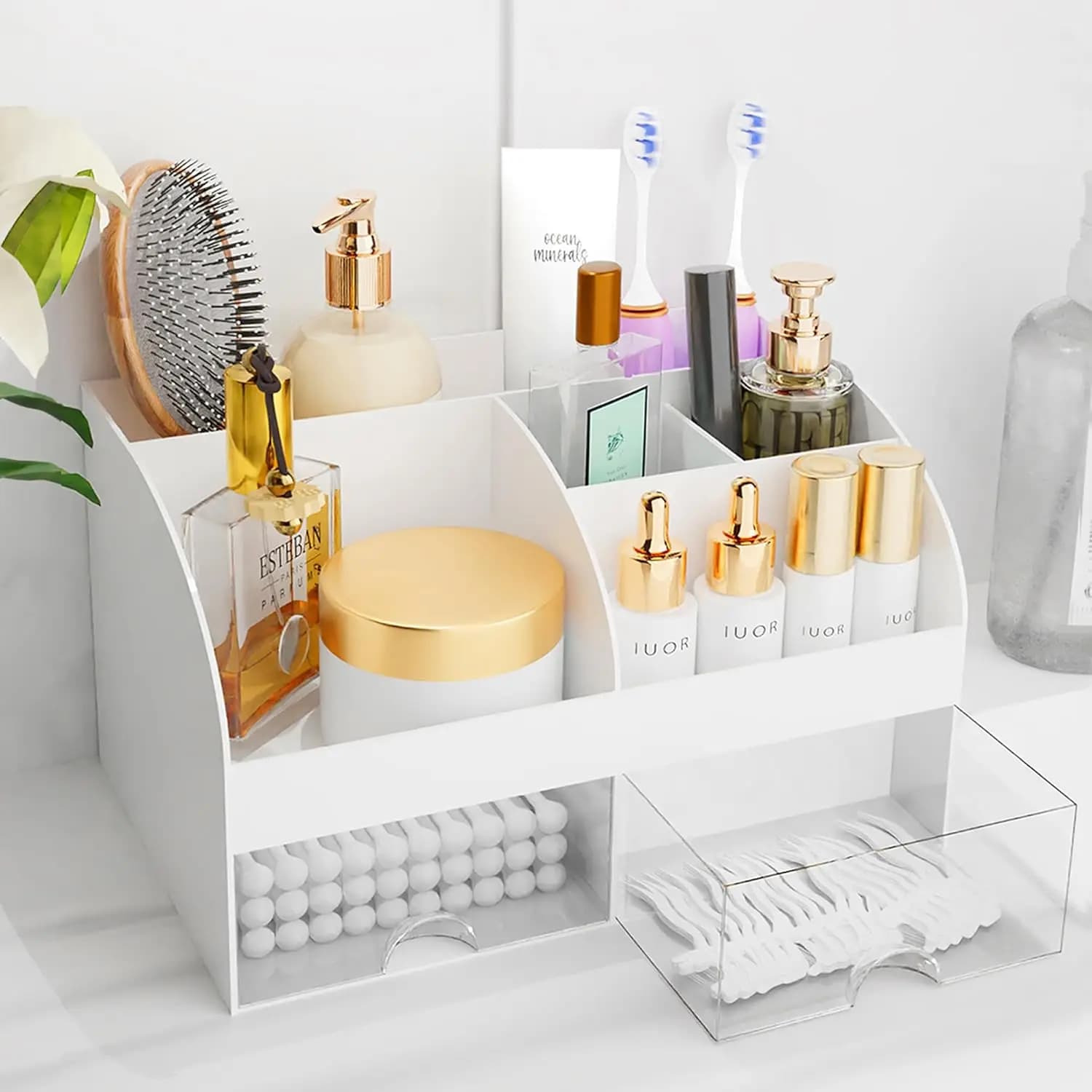 Organizzatore per Trucchi Trasparente con 2 Cassetti, 6 Scomparti per Cosmetici, Rossetti, Pennelli, Prodotti Skincare, Contenitore per Scrivania (Bianco)