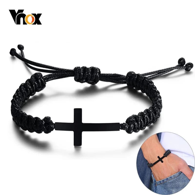 Vnox Bracciale con ciondolo croce nera per uomo, adolescente, ragazzo, corda intrecciata, catena, gioielli fatti a mano unisex