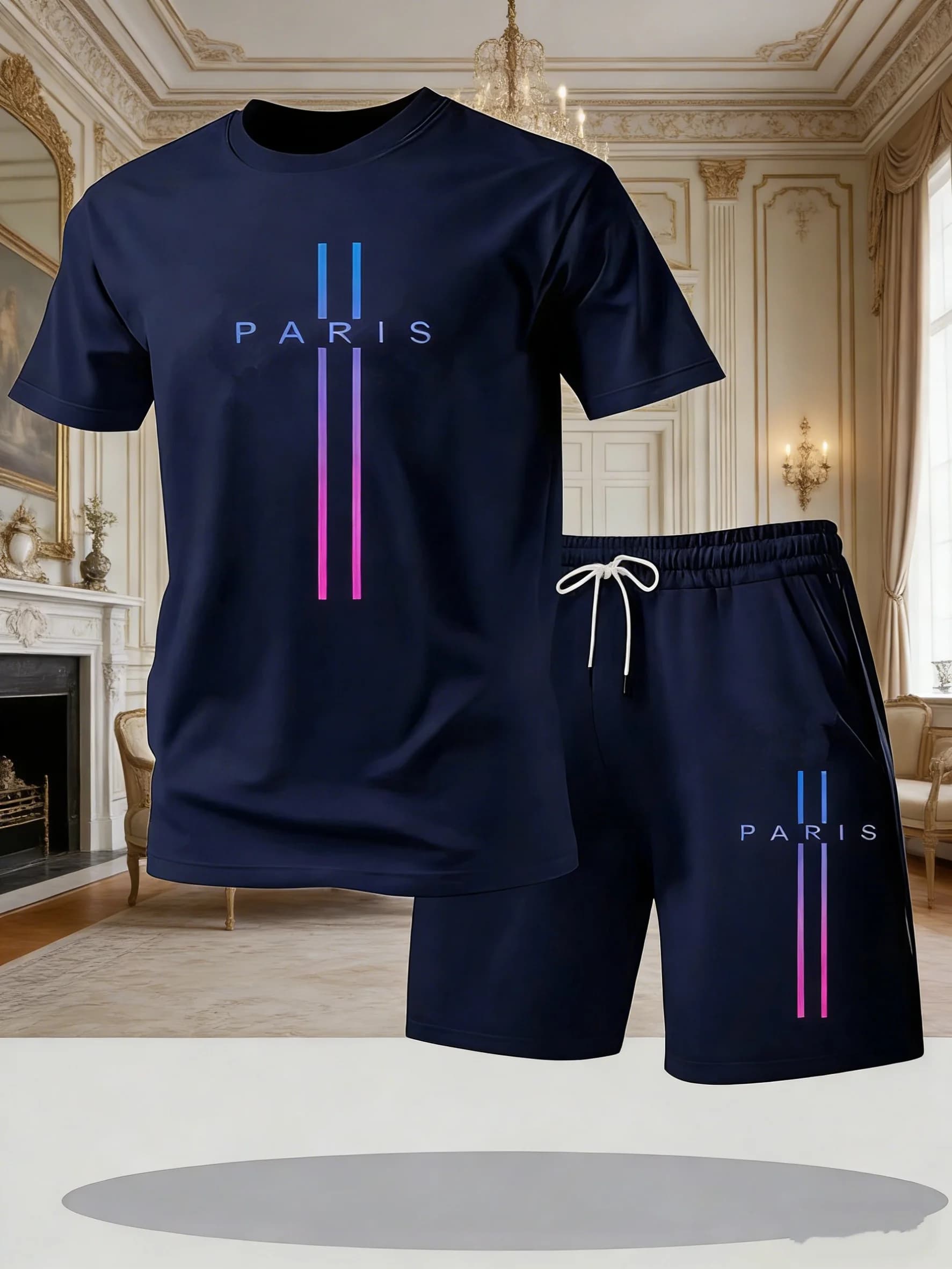 New summer set for men, two casual pieces consisting of t-shirts and shorts with perforated, breathable and modern cut, sportswear for racing and fitness.