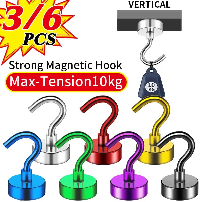 Hanging magnetic hooks, magnet with hooks for home, kitchen, workplace, office (black, 4/6/8/12 packaging)