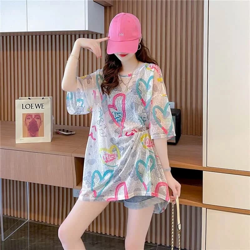 Women's Pop T-shirt Ice Silk Knit Gothic O-Colle Solar Protection Top Oversize Casual Korean Style Aprons Half Sleeve Summer Coagulo