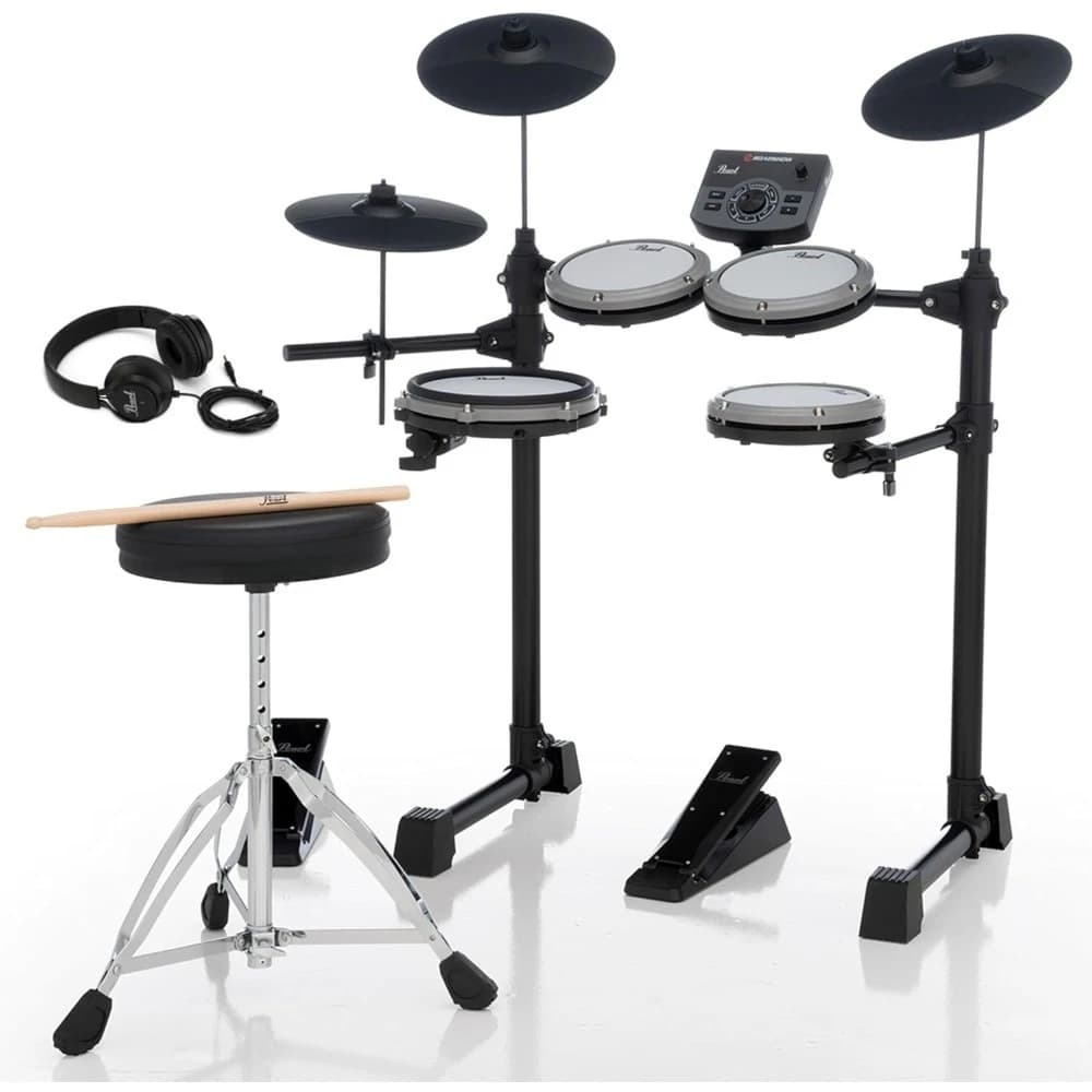 Set di Batteria Elettronica con 4 Pad in Mesh Silenziosi, Doppi Controllori a Pedale, Pad per Piatti, Sgabello, Rack, Cuffie e Bacchette