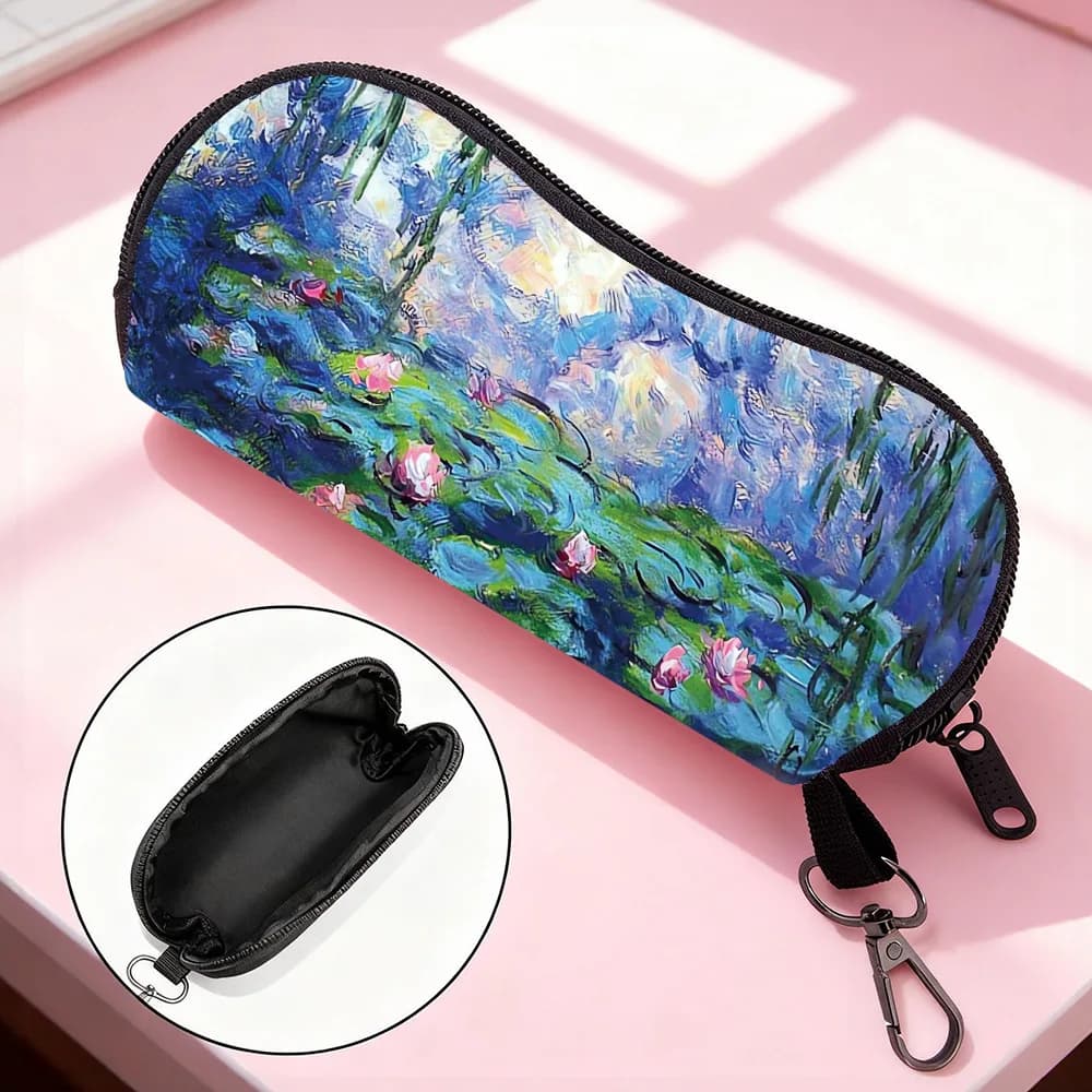 Custodia per Occhiali Artistica Portatile con Stampa Van Gogh Notte Stellata e Girasoli, con Gancio Portachiavi