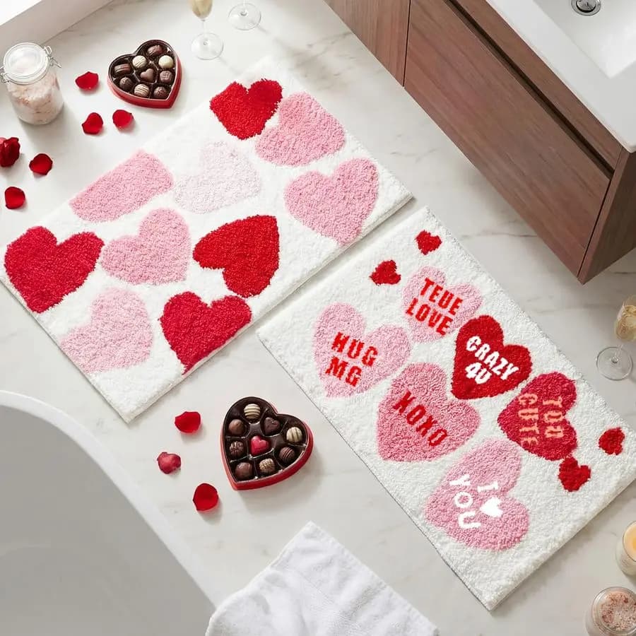 2 Pezzi Tappeti da Bagno per San Valentino, Tappetino con Cuori a Forma di Conversazione, Tappeti da Bagno San Valentino, Tappeti con Cuori Rosa e Rossi, Antiscivolo e Lavabili