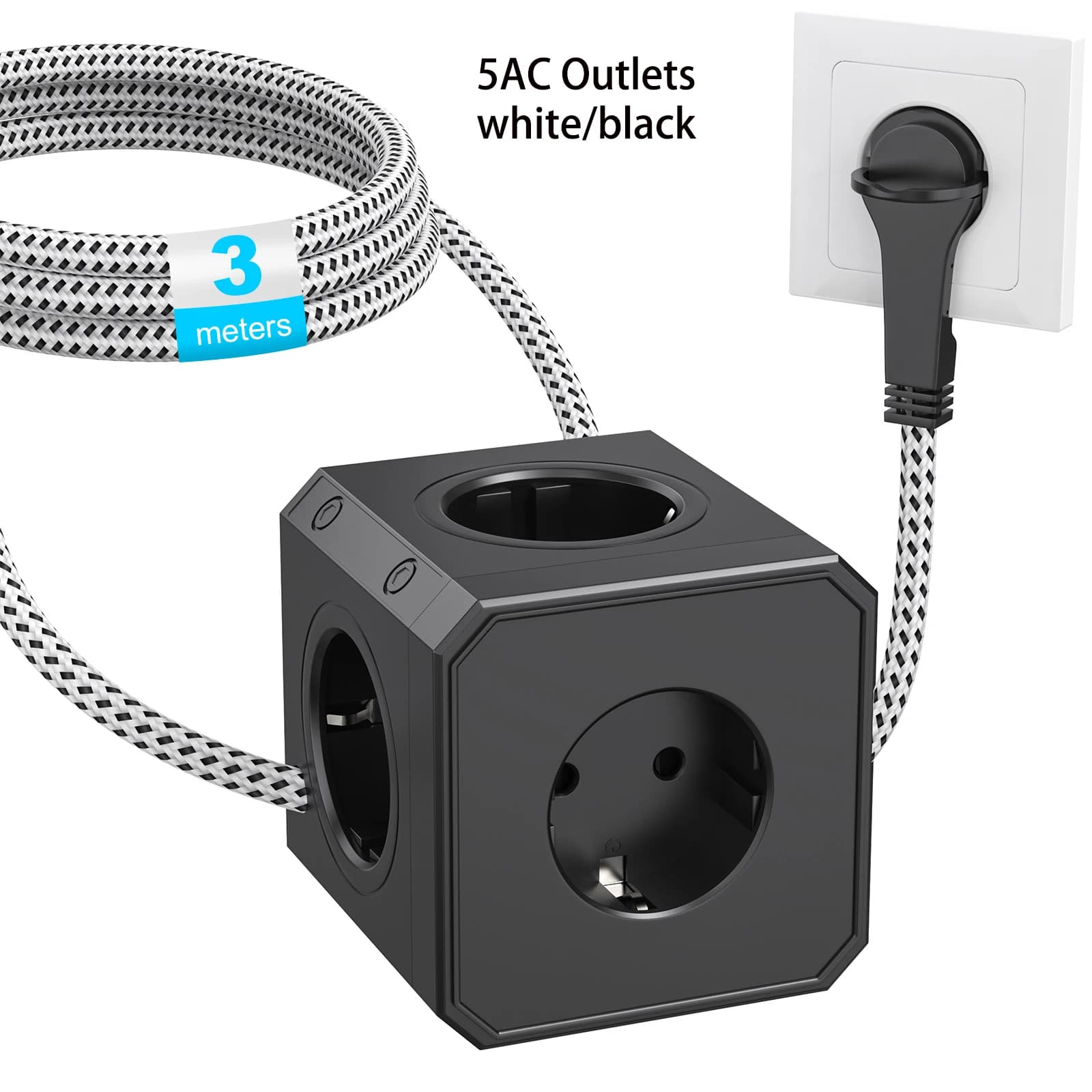 5 prese multiple per prese EU Cube con cavo intrecciato da 3/2,5 m, adattatore di alimentazione per presa di prolunga Multitap con spina piatta da 4000 W per la casa
