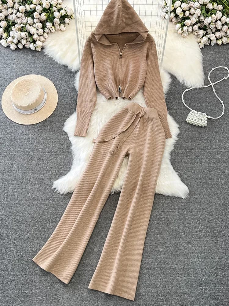 Fashionable Korean Style Long Sleeve Zipper Hooded Knitted Sweatshirt Jacket High Waist Wide Leg Pants Two Piece Set for Women