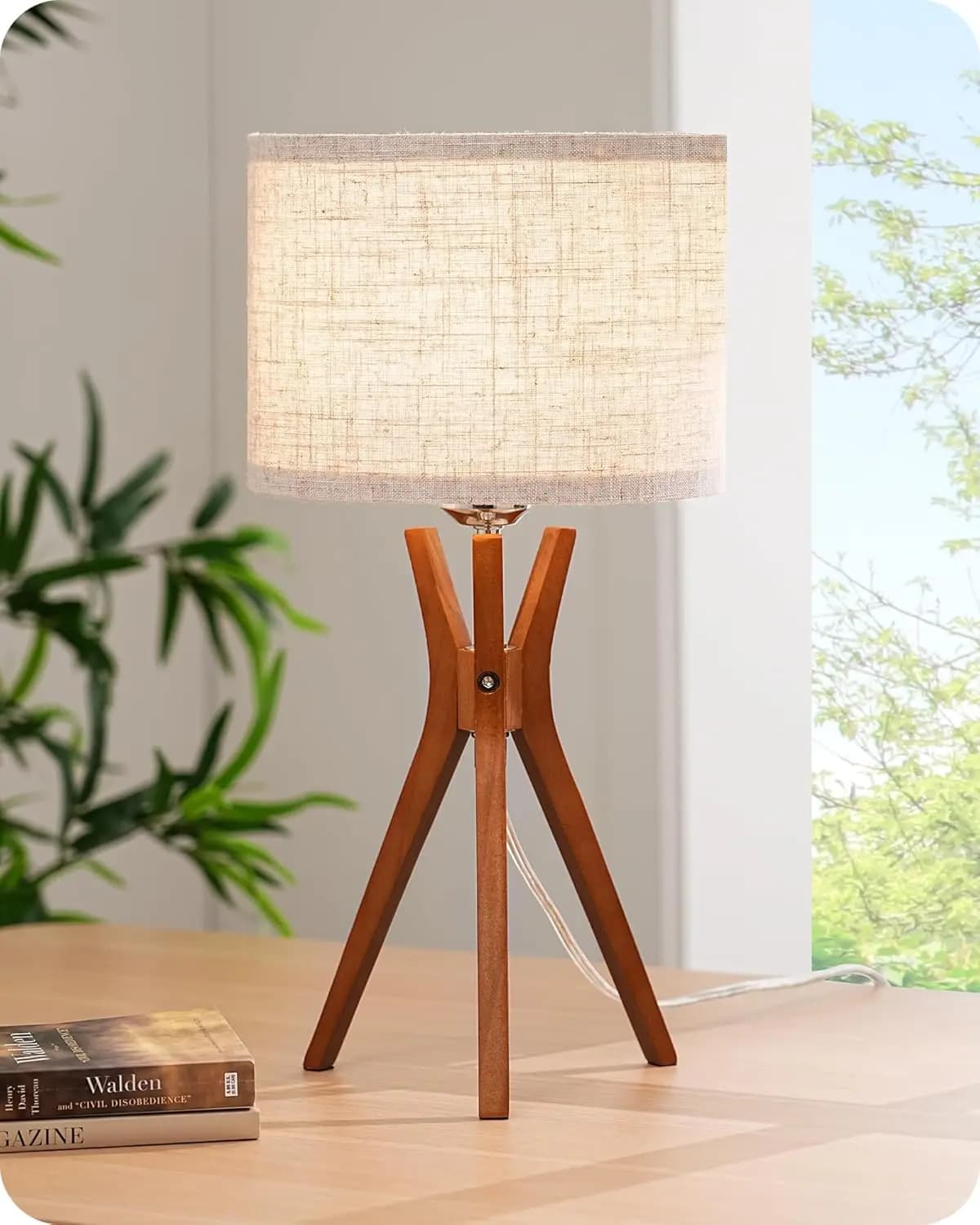 Mid Century tripod table lamp, 17.5' deep wooden base and beige linen lampshade, E26 bedside lamp for bedroom, living room