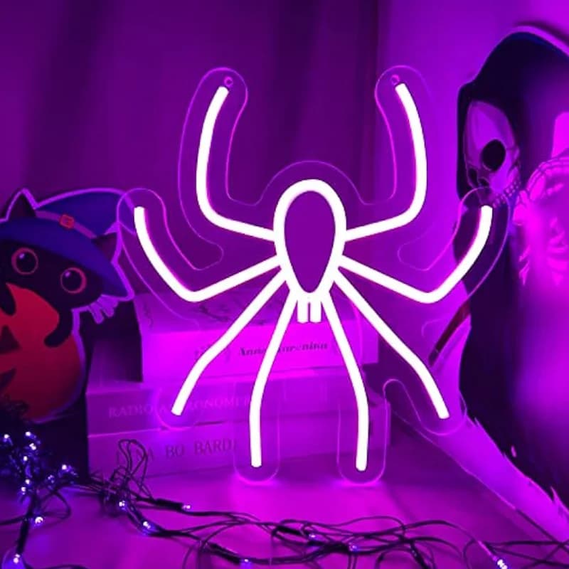 Decorazione per insegne al neon con ragno di Halloween Decorazione da parete al neon a forma di ragno LED viola per bar camera da letto Fornitura per feste di compleanno di Natale