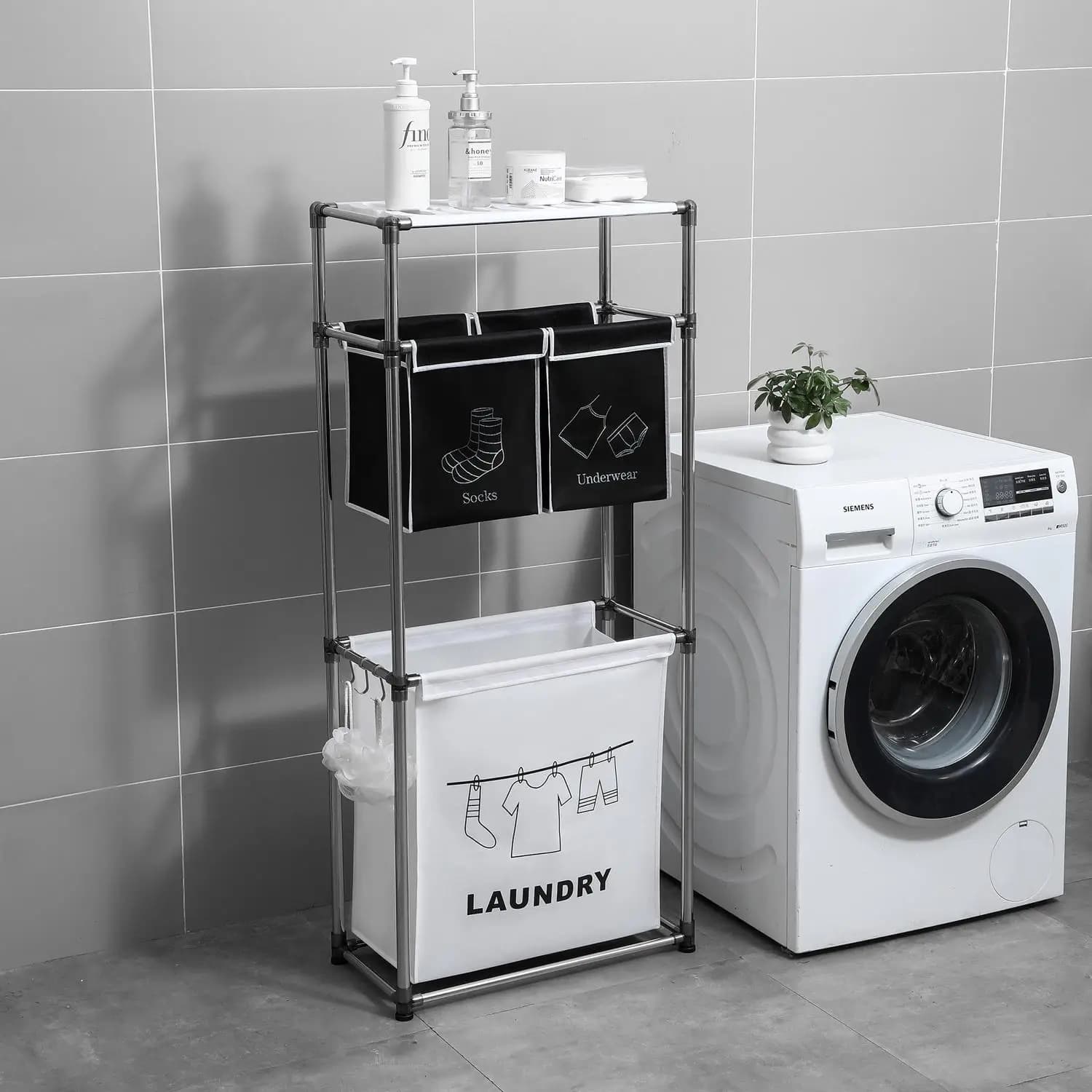 3 Tier Rolling Laundry Sorter with 4 Removable Bags, Wheels and Hooks, Fabric Hamper for Organizing Lights Darks, Waterproof MDF