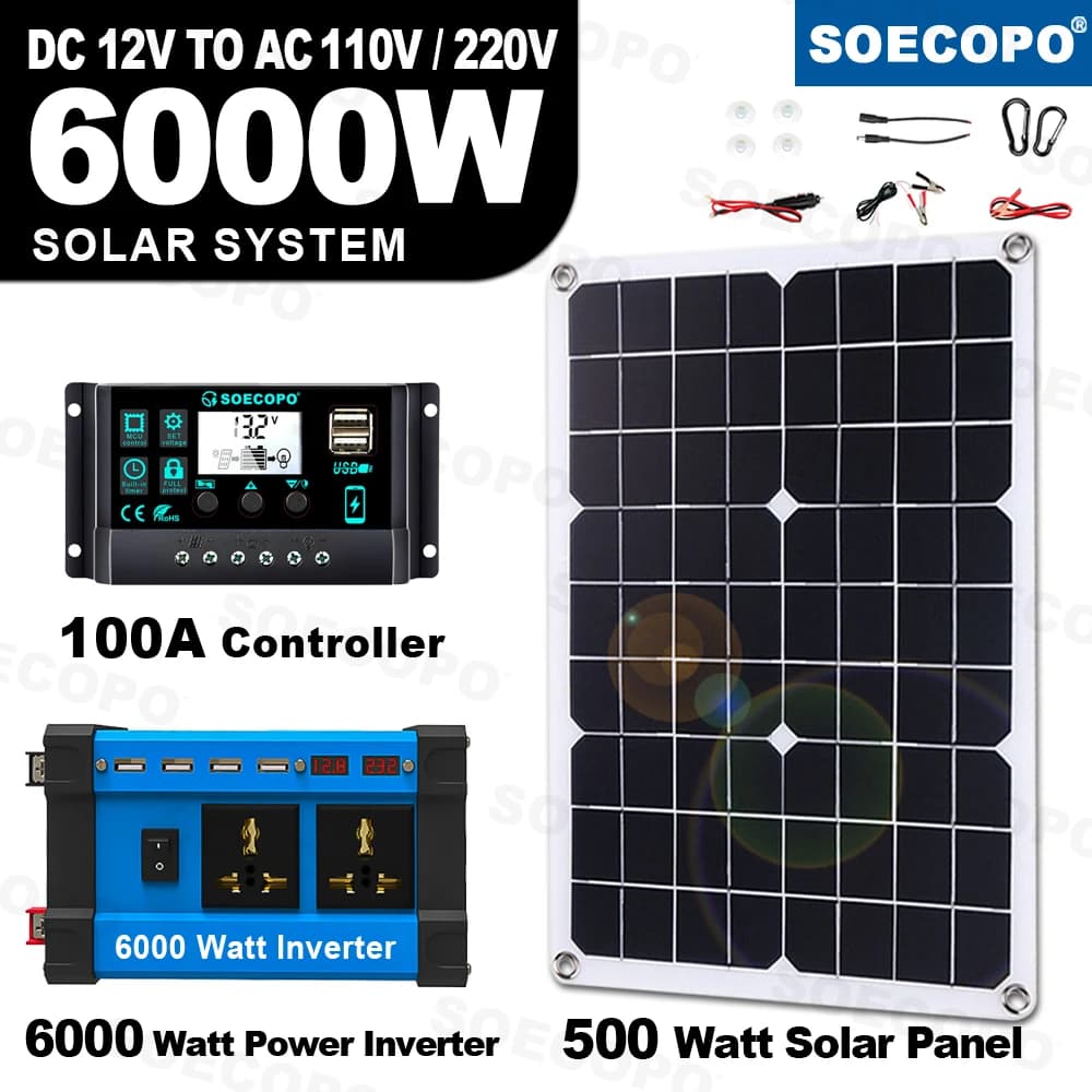 SOECOPO 6000W Sistema solare di backup per casa/campeggio Kit completo da 12V a 110V/220V 100A Controller Sistema inverter off-grid da pannello 500W