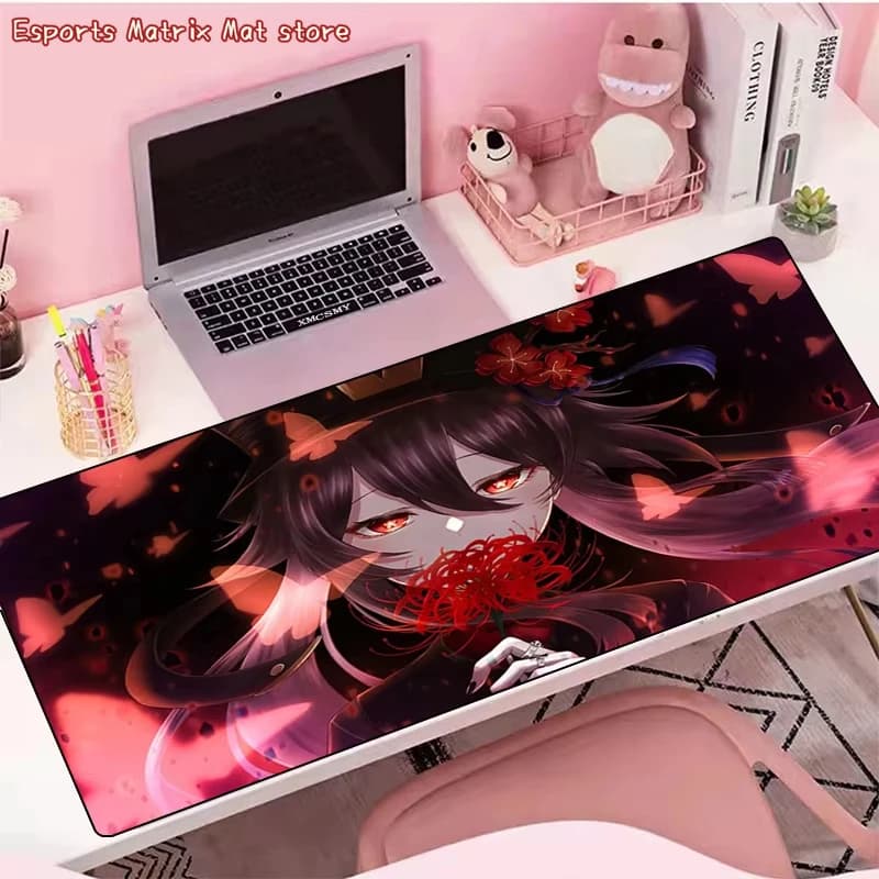 Tappetino per mouse Hu Tao Genshin Impact Anime, tappetino da scrivania antiscivolo, tappetino per tastiera impermeabile, per gli amanti dei giochi, decorazione della scrivania