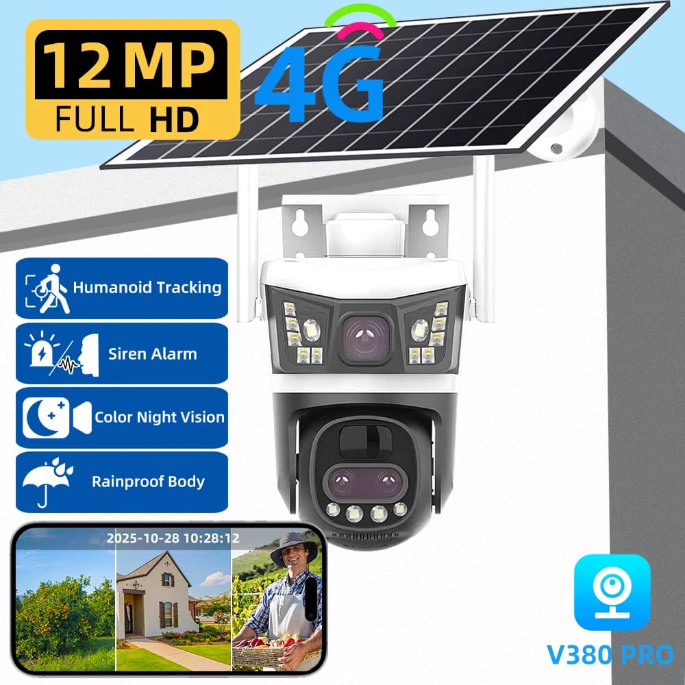 Telecamera Solare da Esterno 4G con Zoom Ottico 10X, Visione Notturna, 12MP, Impermeabile, Rilevamento PIR Umano, Sicurezza CCTV