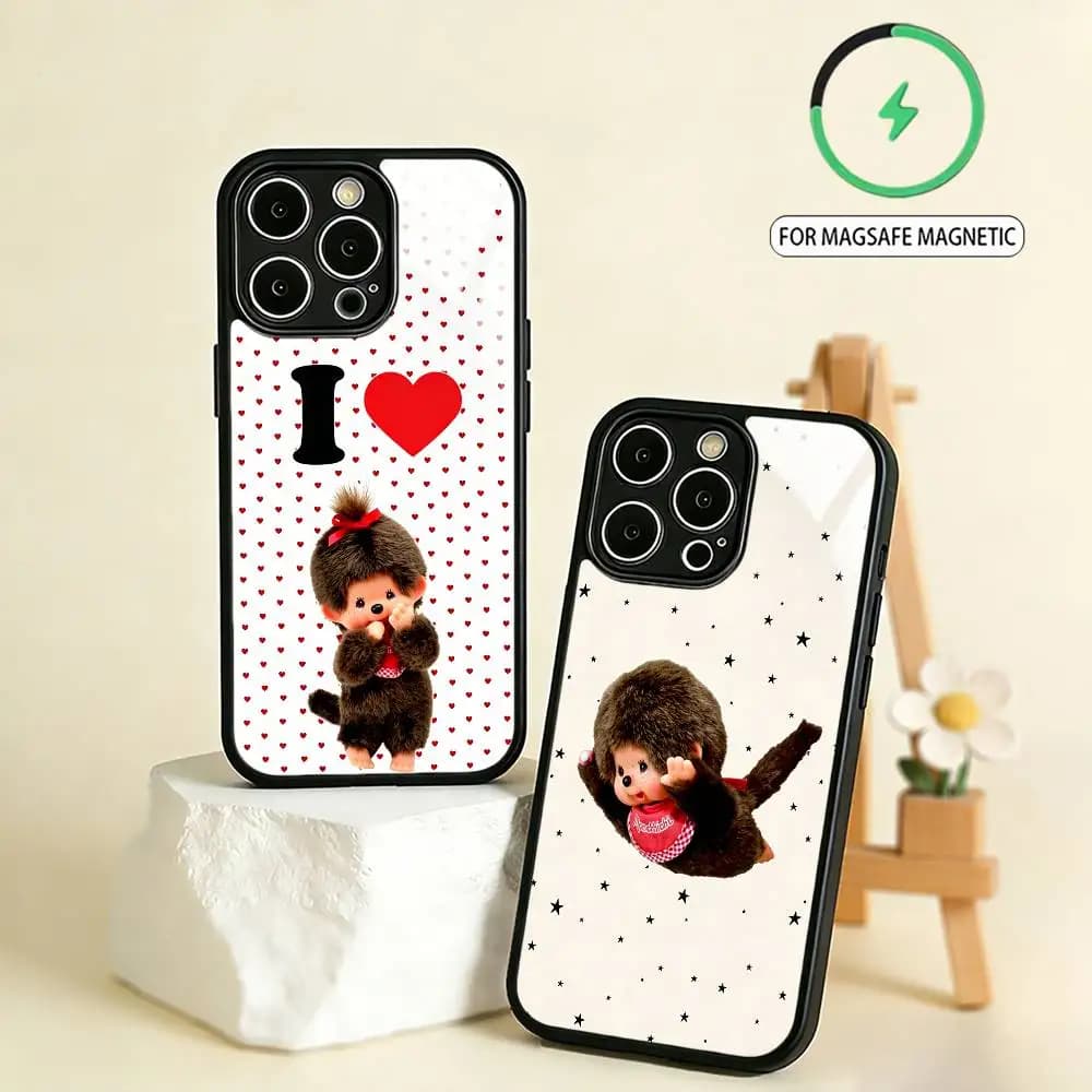Custodia per telefono Super Carina M-Monchhichi per iPhone 17, 16, 15, 14, 13, 12, 11 Plus, Pro Max, Magnetica per Ricarica Wireless MagSafe
