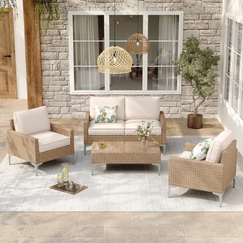 Set di mobili da giardino JOYURE 4 pezzi, set da esterno in vimini con tavolo in vetro temperato, divano componibile in rattan e sedie con cuscini spessi
