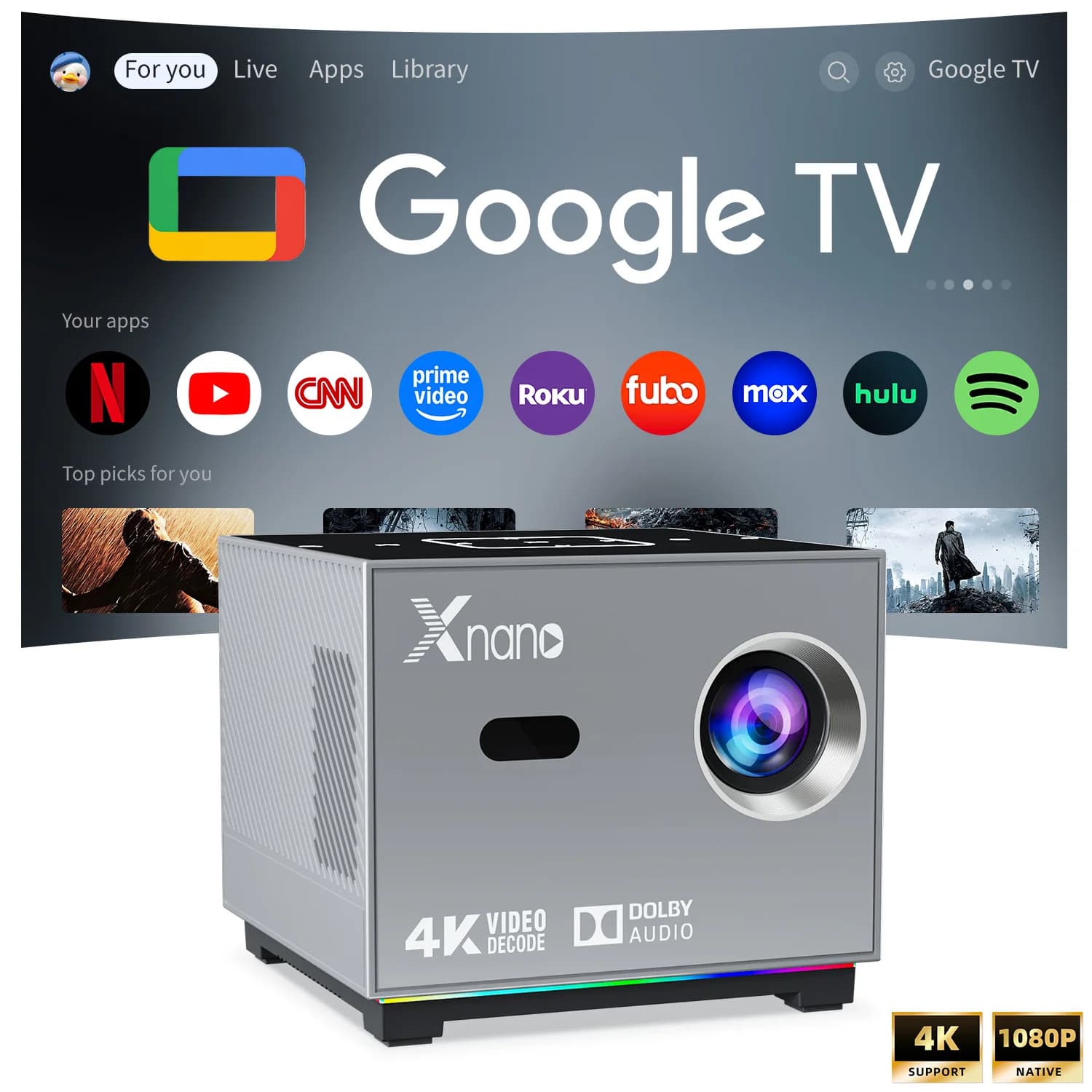 Mini Proiettore Xnano 4K 1280*720P Android 9 350ANSI Dual Wifi BT5.0 Auto Focus Home Cinema Portatile da Esterno X3 Smart Proiettore
