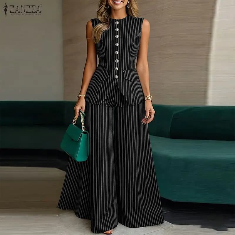 ZANZEA Women's Elegant Pant Suits Striped Sleeveless Vest Tops & Wide Leg Pant 2 Pieces Sets Office Fashion Commuting Outfits