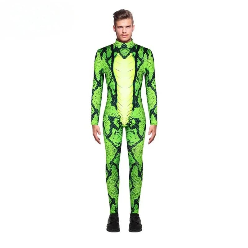 (#^.^#) 2026 New Green Snake Jumpsuit Cosplay Costume Adult Unisex Bodysuit 3D Print Long Sleeve Purim Carnival Hallo →_→LOOK ME