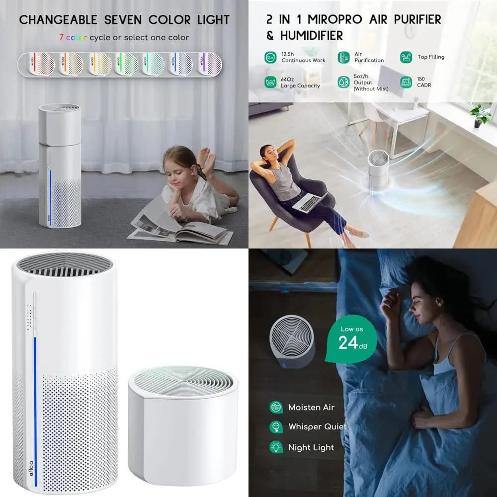 Purificatore d'aria a 3 stadi con rimozione di peli di animali domestici e fumo, spegnimento automatico e luce LED a 7 colori