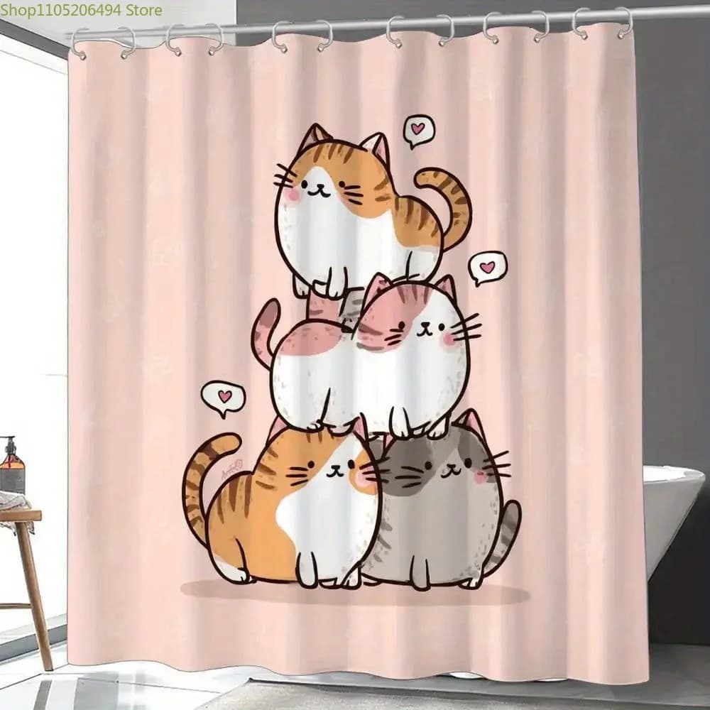 1 tenda da doccia per bagno con simpatico gatto, decorazione a tema famiglia accogliente per San Valentino con 12 ganci, divisorio per finestra di casa 180x180 cm W