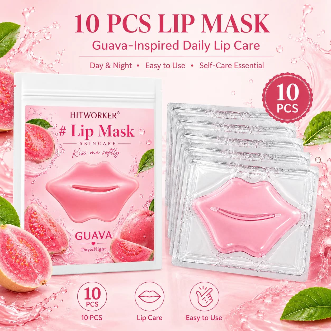 10Pcs Guava Lip Skincare Masks, Soft-Touch Lip Care Patches for Daily Beauty Routine, Self-Care and Travel