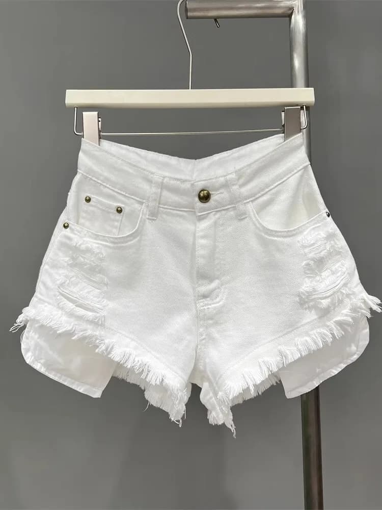 Shorts in Denim Bianco Casual con Frange Perforate e Fori, Vita Bassa, Gamba Dritta, Pantaloncini Estivi Primaverili da Donna
