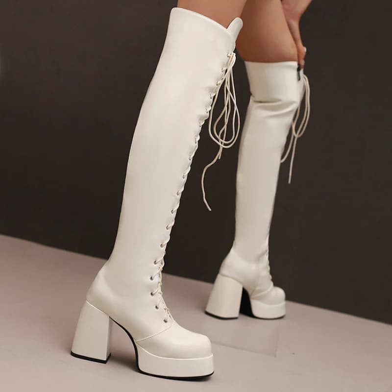 Stivali da donna con tacco spesso, sopra il ginocchio, con cinturini incrociati, plateau, punta tonda, taglia grande, alla moda.