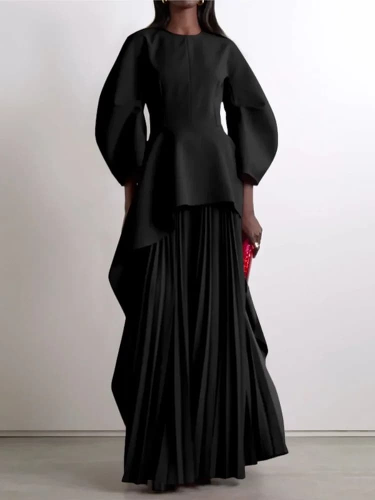 UOOZEE Abiti da donna 2025 Nuova moda elegante tinta unita con giunto diviso a strati allentato pieghettato abito da sera maxi abito caftano